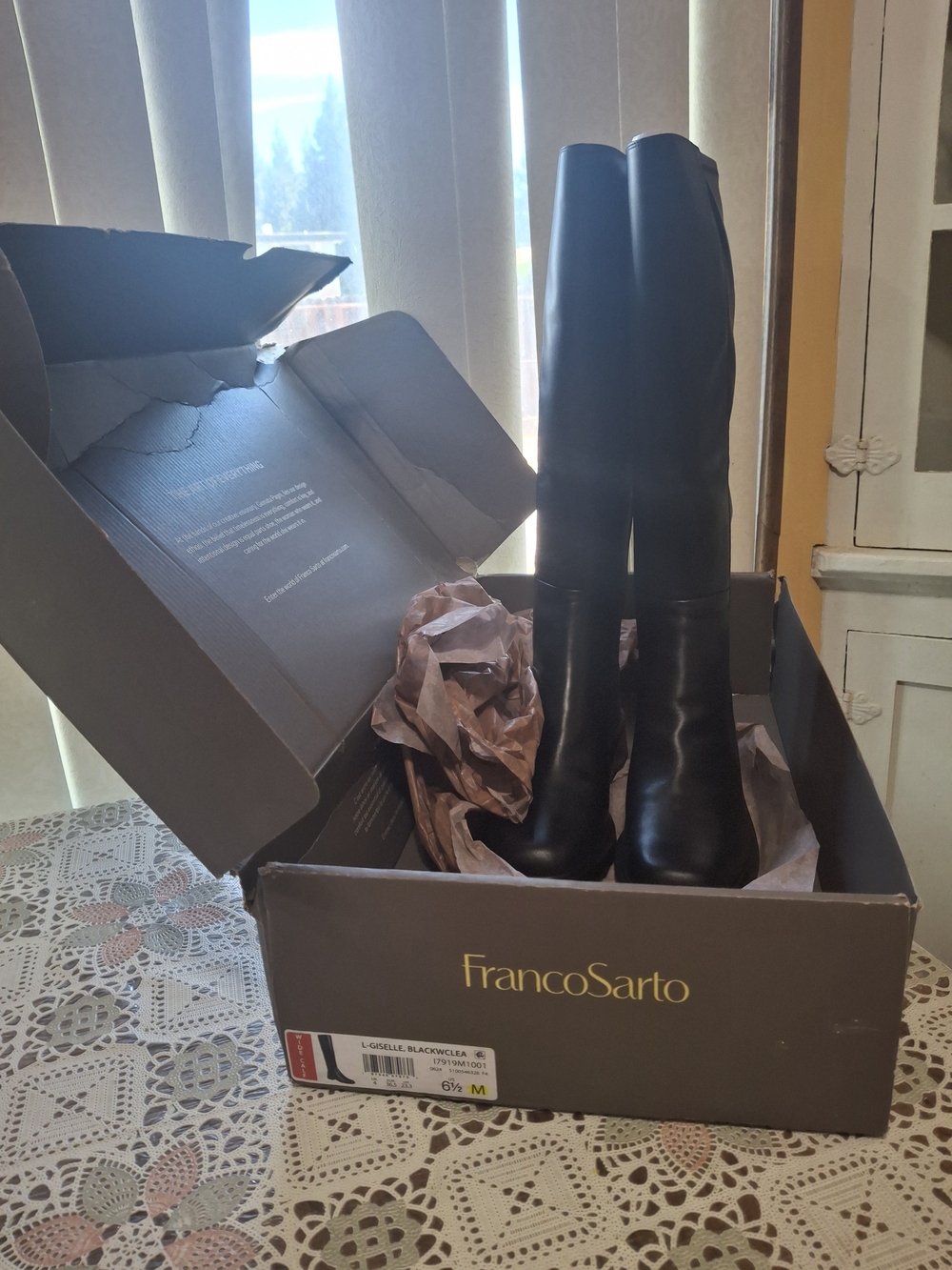 Franco Sarto L-Giselle Black Leather Knee-High Boots Wide Calf.